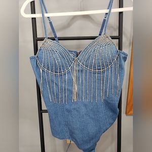 Rhinestone denim bodysuit